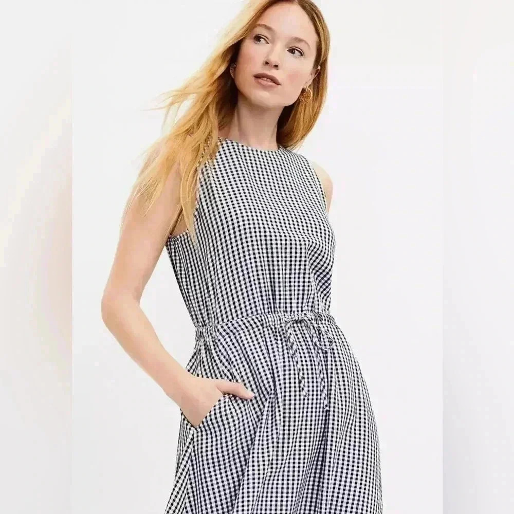 Loft Black & White Gingham Crossover Open Back Pocket Midi Dress in XXSP - Picture 7 of 9